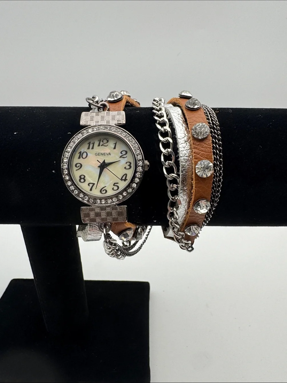Geneva Women's Brown Leather Strap Crystal Accent Watch Bracelet Set